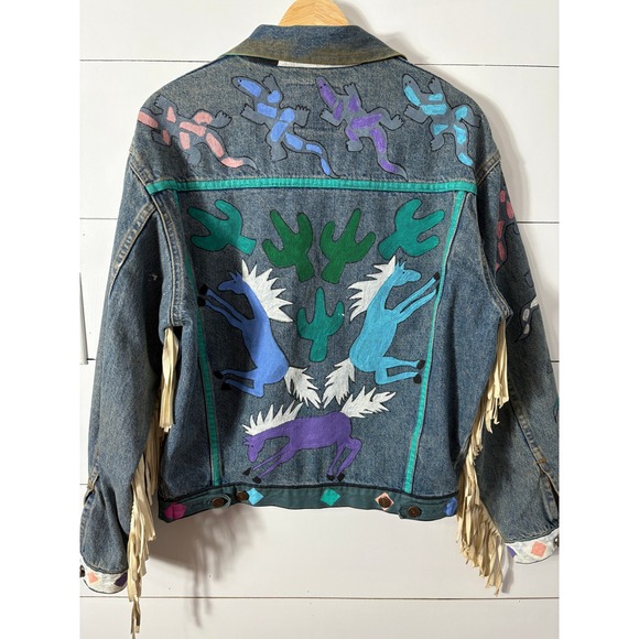 Vintage‎ Gap Denim Jacket Western Southwest Painted Cow Skull Fringe Unique S - Picture 3 of 9
